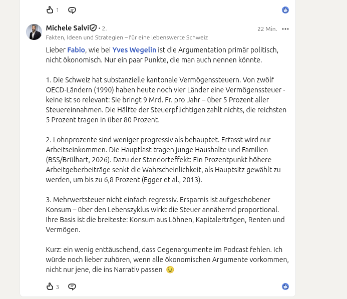 Die Schweiz kennt Vermögenssteuern. Lohnprozente sind nicht automatisch progressiv. | Quelle: https://www.linkedin.com/feed/update/urn:li:activity:7470727816779751424/?dashCommentUrn=urn%3Ali%3Afsd_comment%3A%287470856126037909505%2Curn%3Ali%3Aactivity%3A7470727816779751424%29