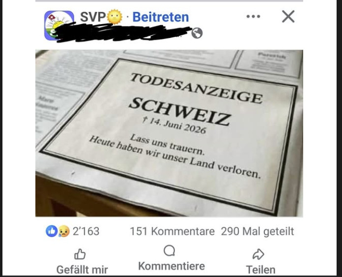Facebook Post Gruppe SVP 14.06.2026 | Quelle: Facebook Post Gruppe SVP 14.06.2026