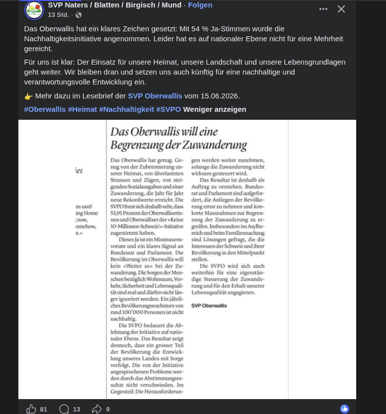 Facebook Post SVP Naters 16.06.2026 | Quelle: Facebook Post SVP Naters 16.06.2026