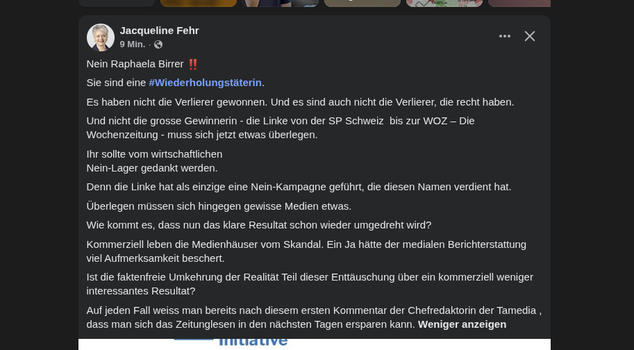 Facebook Screenshot 14.06.2026 | Quelle: Facebook Jacqueline Fehr
